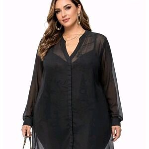 ROAMAN'S Size 24W Sheer Charcoal Gray V-Neck Popover Business Casual Blouse